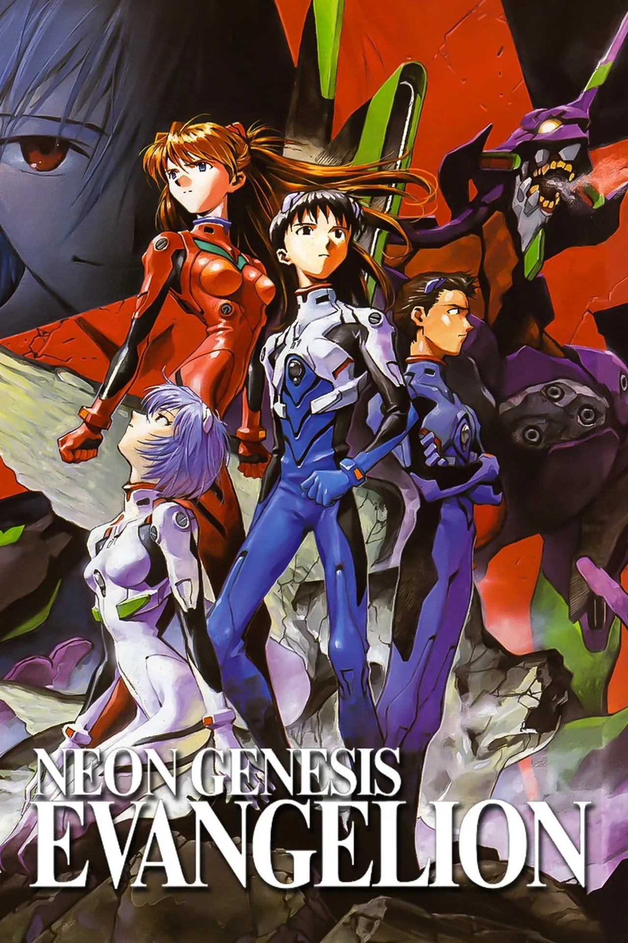 Poster kinh điển của anime Neon Genesis Evangelion, một biểu tượng của thể loại Mecha và tâm lý.