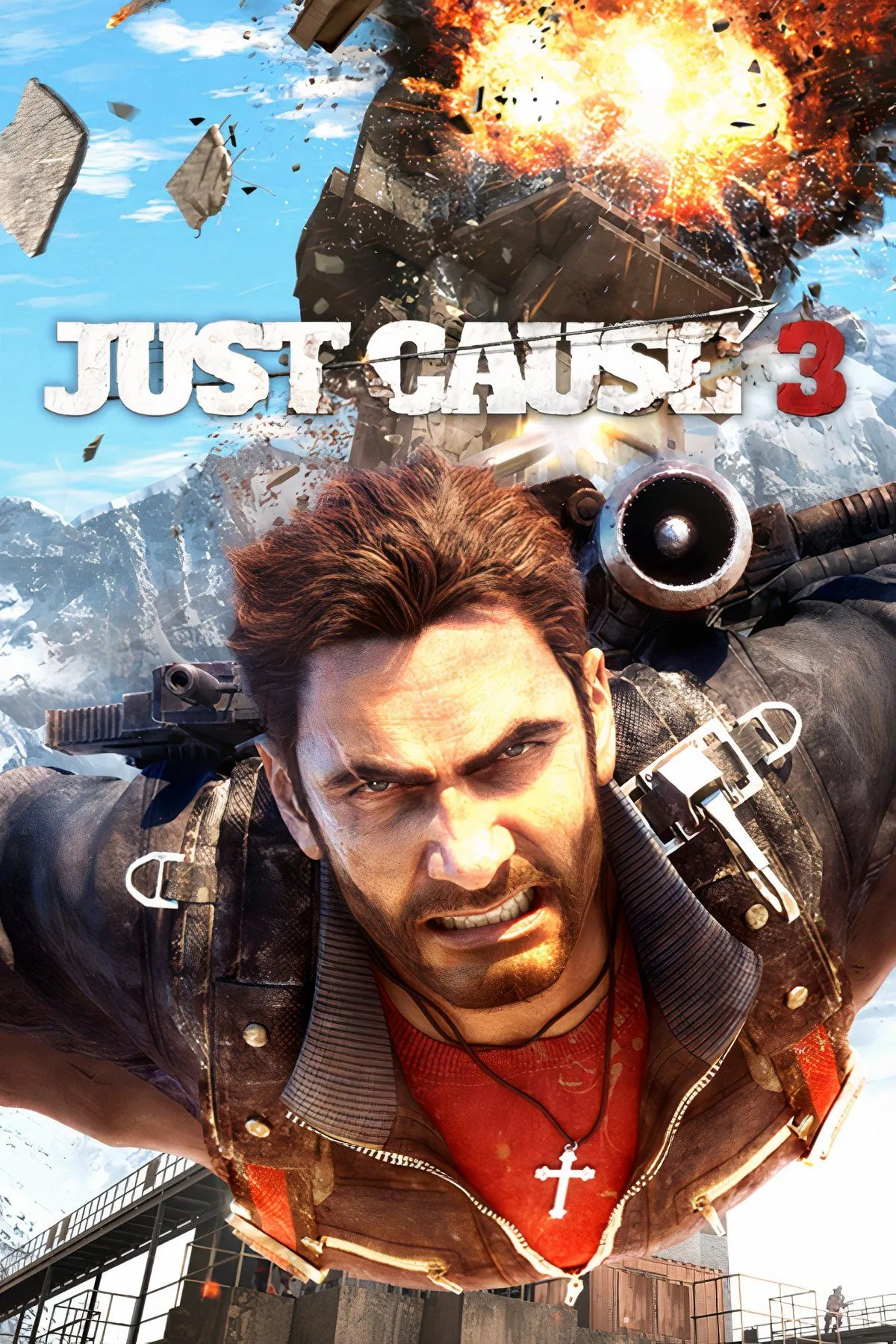 Rico Rodriguez phóng mình vào không trung với dù và grappler trong Just Cause 3