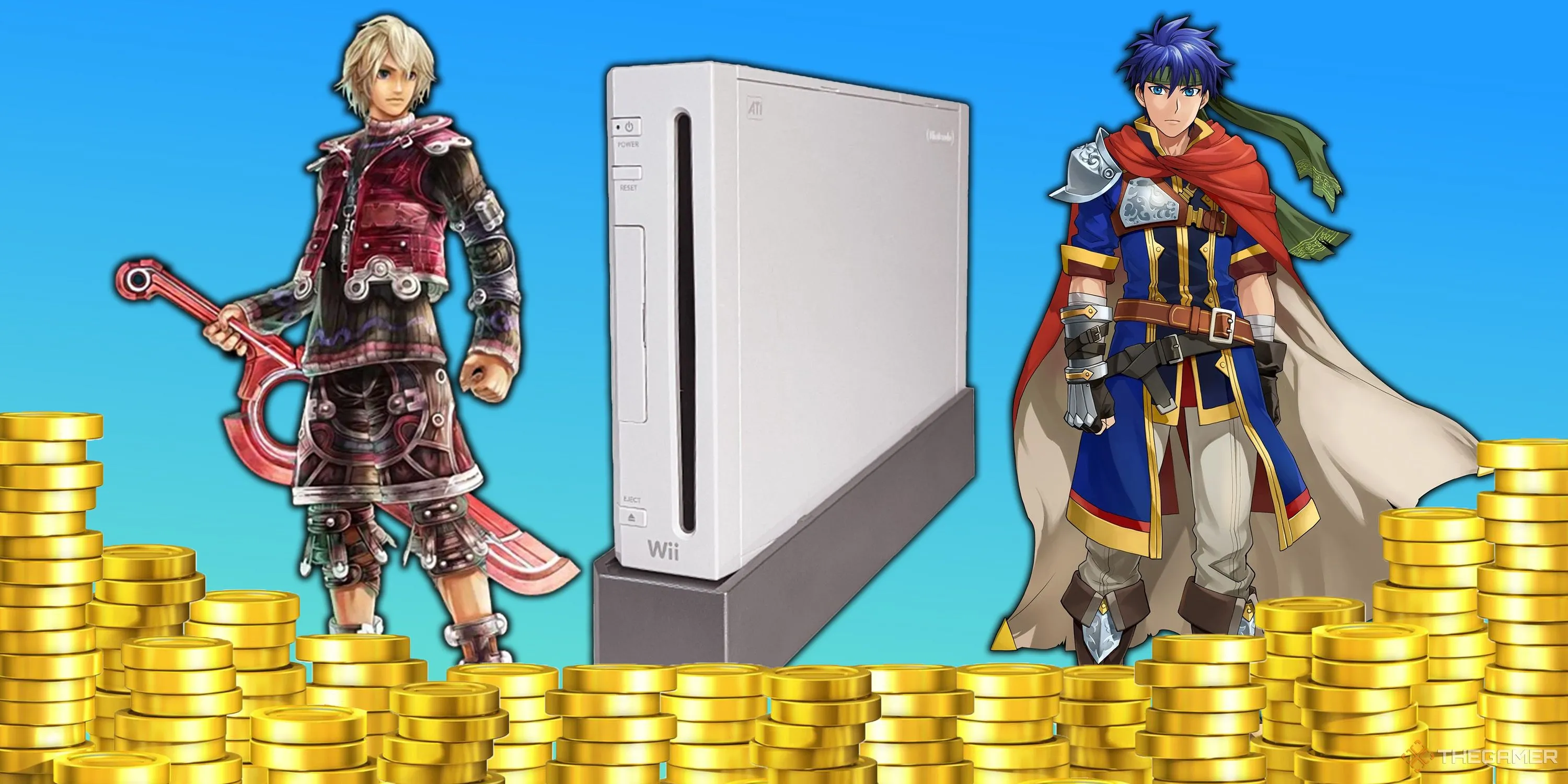 Shulk và Ike đứng cạnh máy Nintendo Wii được bao quanh bởi tiền vàng, gợi nhắc các tựa game hiếm trên nền tảng này.