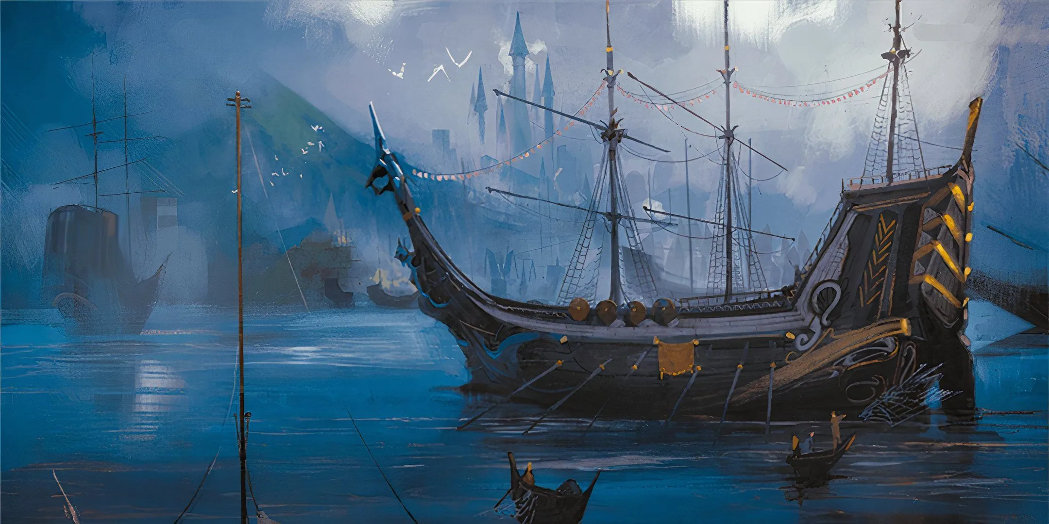 Tàu cướp biển neo đậu ngoài khơi thành phố Waterdeep trong Dungeons &amp; Dragons