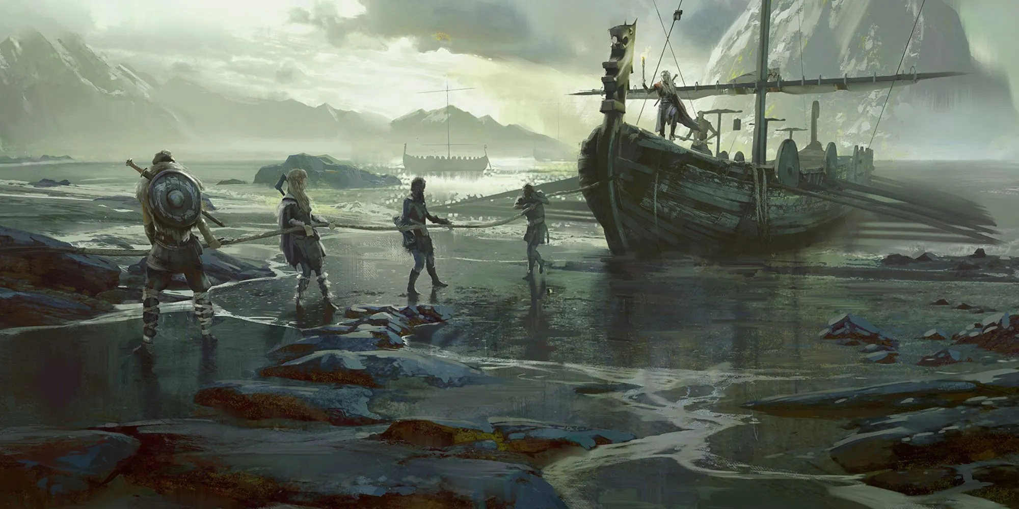 Tàu dài Northlander được kéo lên bờ trong Dungeons &amp; Dragons Storm King, minh họa việc sửa chữa tàu