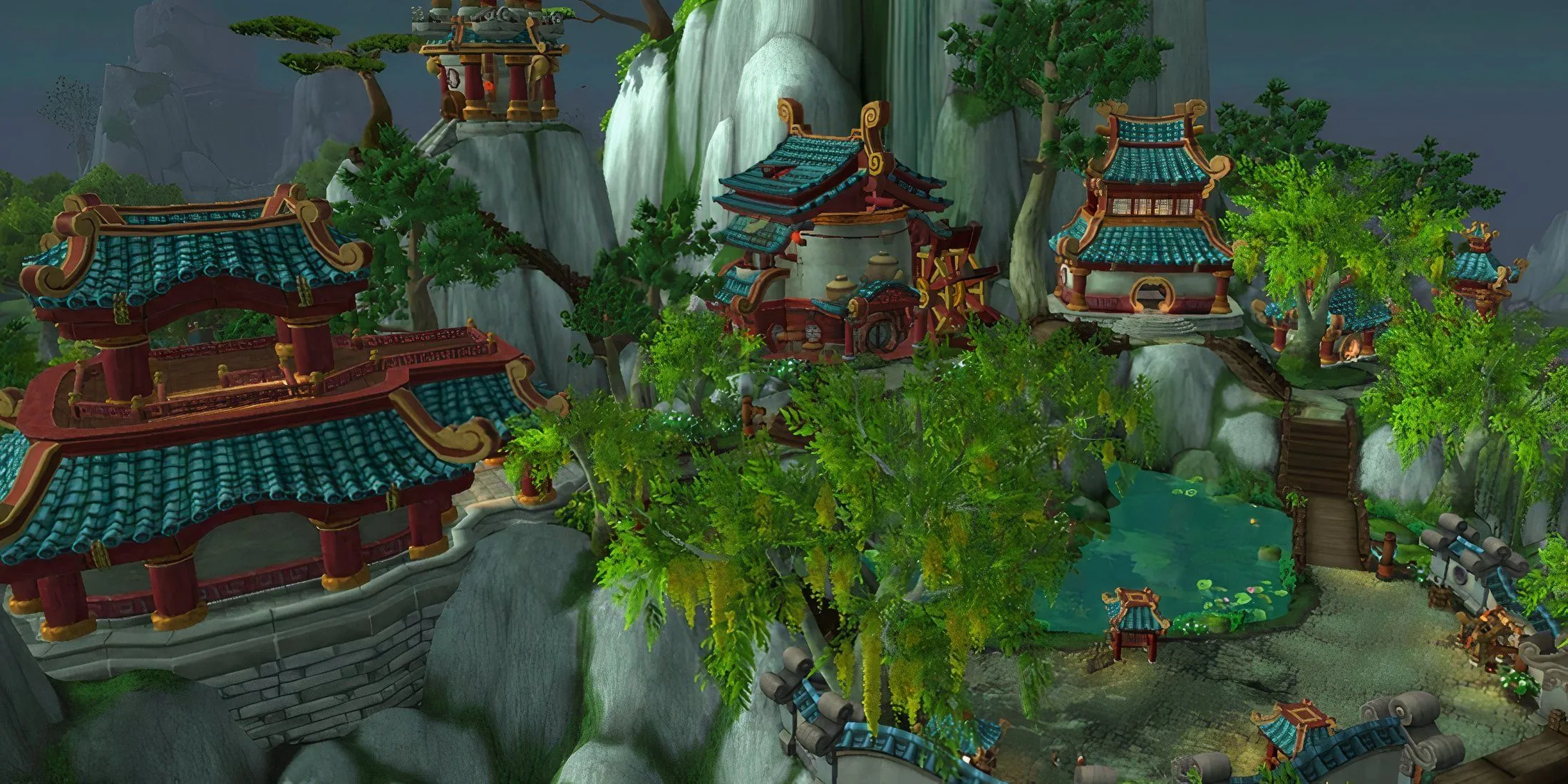 Thành phố Dawn's Blossom tại Rừng Ngọc Bích Pandaria trong World of Warcraft Mists of Pandaria, một trung tâm giao dịch và huấn luyện quan trọng