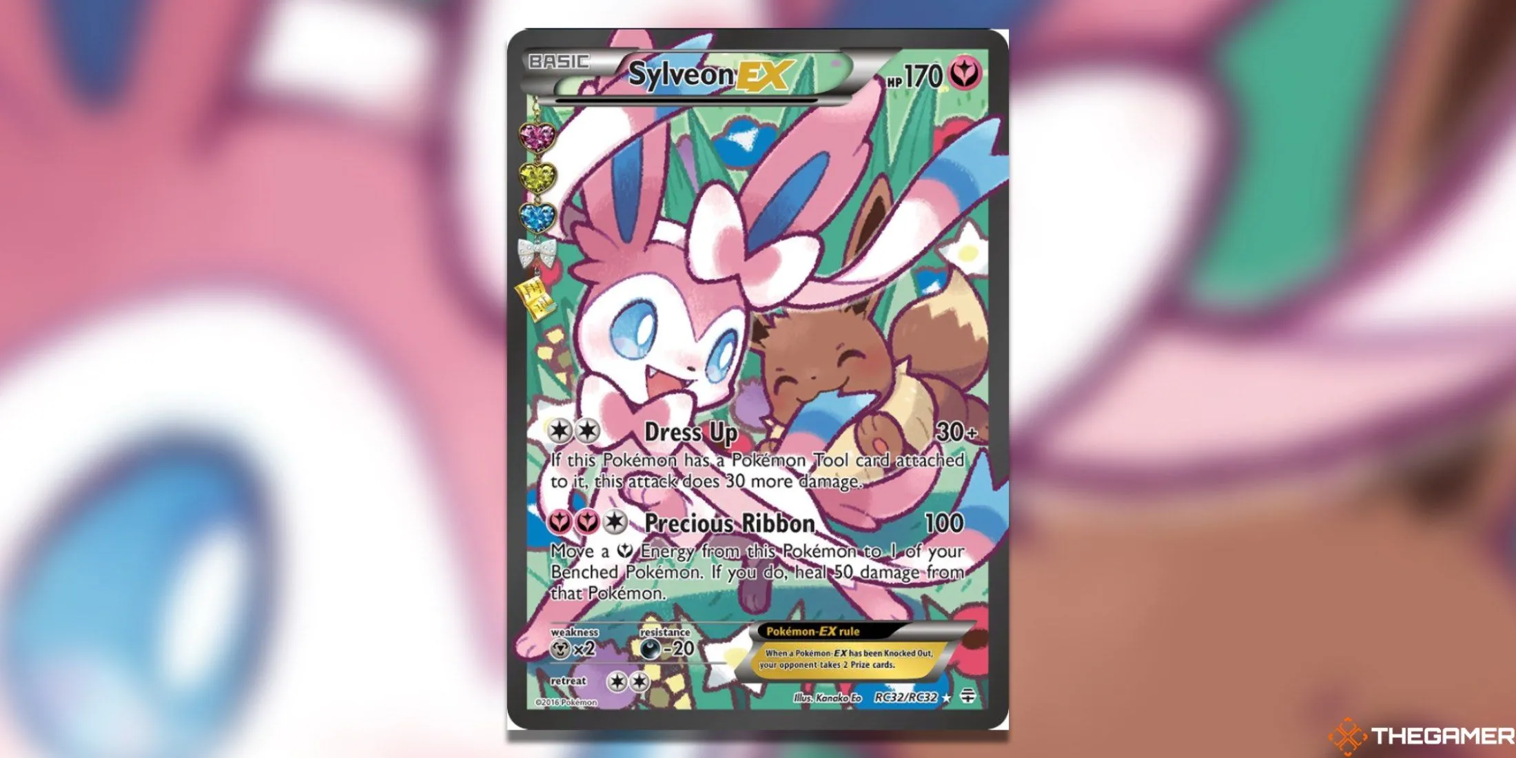 Thẻ bài Pokemon TCG Sylveon EX Full Art từ bộ Generations Radiant Collection với Eevee và nền xanh lá