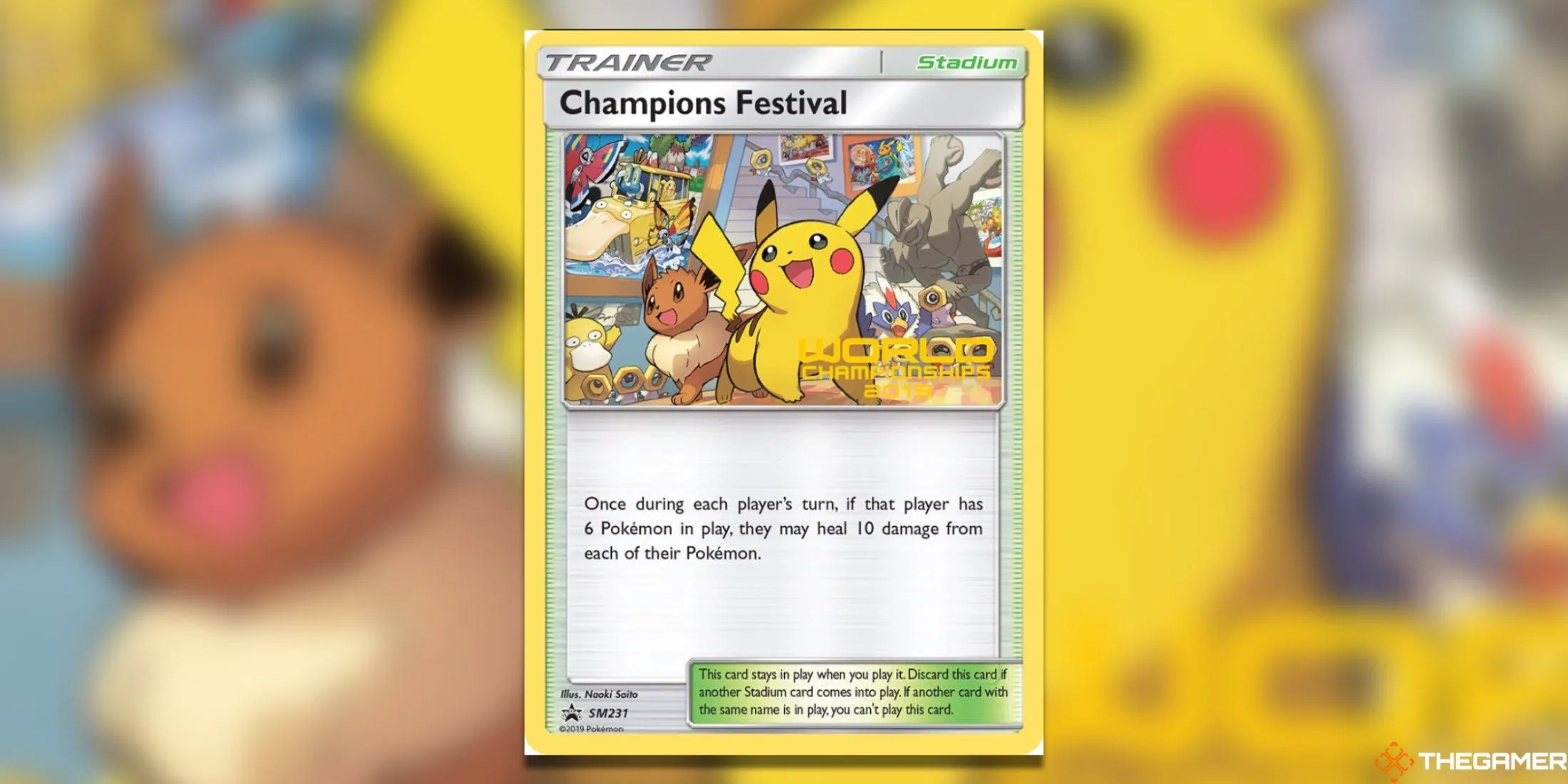 Thẻ bài promo Champions Festival SM231 World Championships 2019 (SM Promo) với Pikachu và Eevee