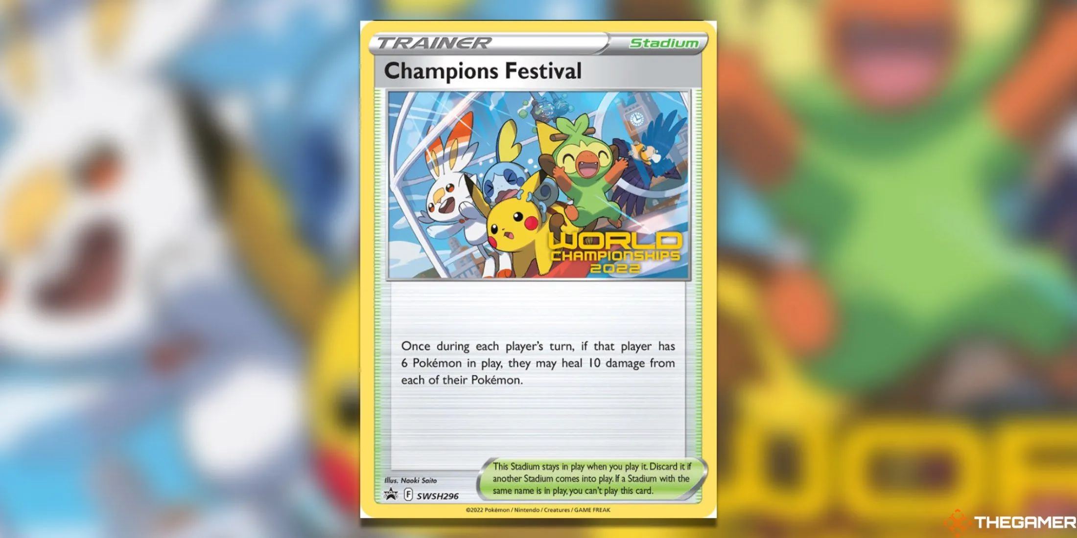 Thẻ bài promo Champions Festival SWSH296 World Championships 2022 với Pikachu và Pokémon vùng Galar