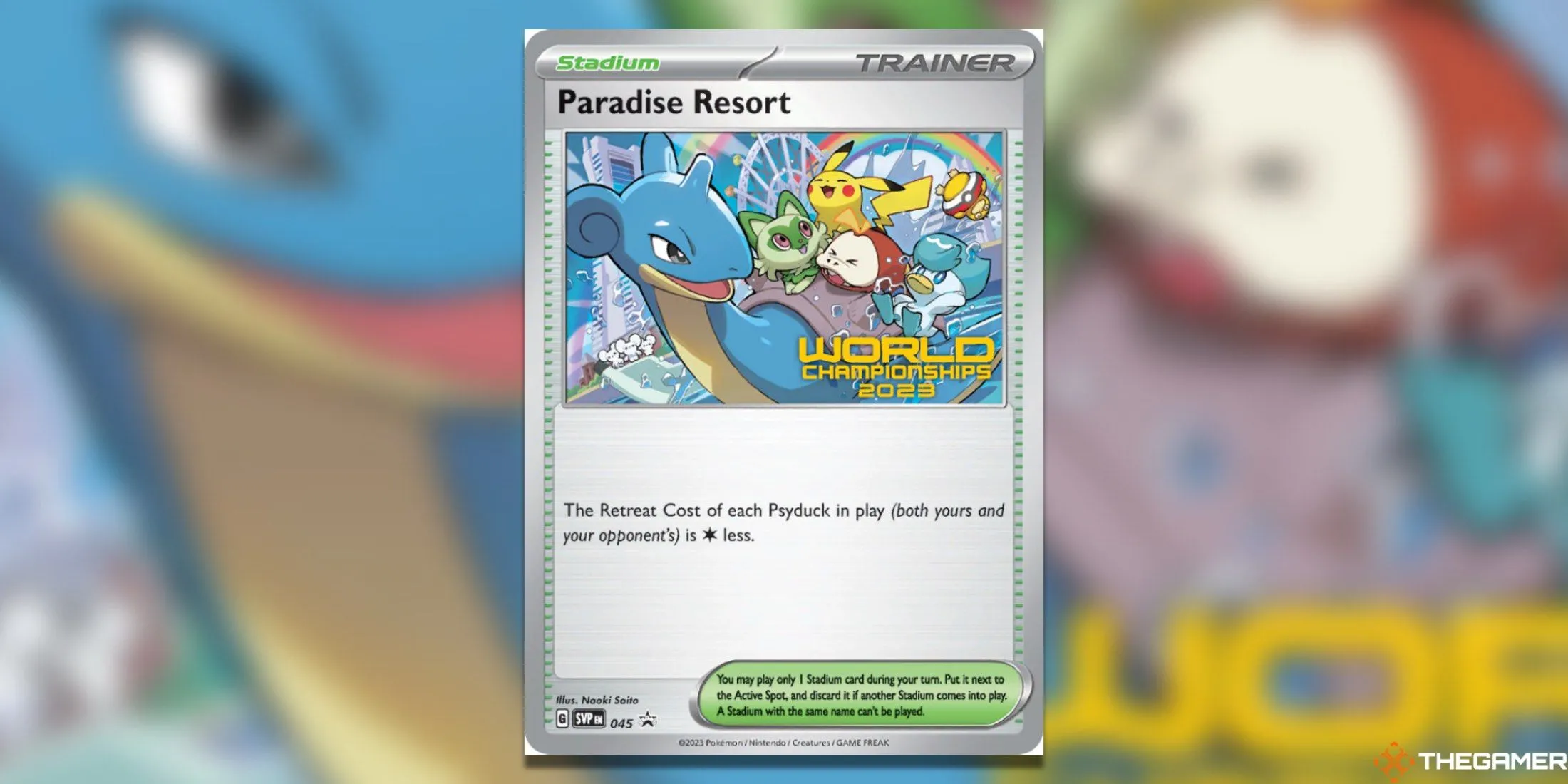 Thẻ bài promo Paradise Resort 045 World Championships 2023 (SV Promo) với Lapras và Pikachu