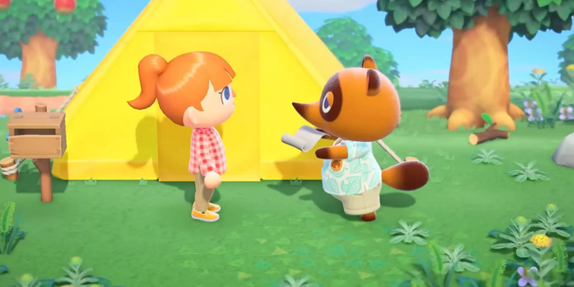 Tom Nook trao giấy tờ cho cư dân mới trước căn lều, biểu tượng cho khoản nợ đầu tiên trong Animal Crossing New Horizons