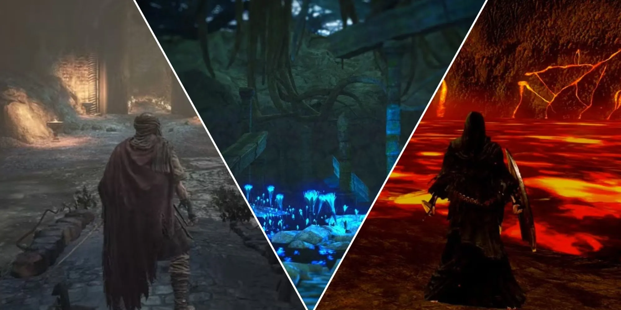 Tổng hợp một số khu vực khó chịu trong game Soulsborne: Pháo đài Farron trong Dark Souls 3, Đền thờ Amana trong Dark Souls 2, và Izalith đã mất trong Dark Souls