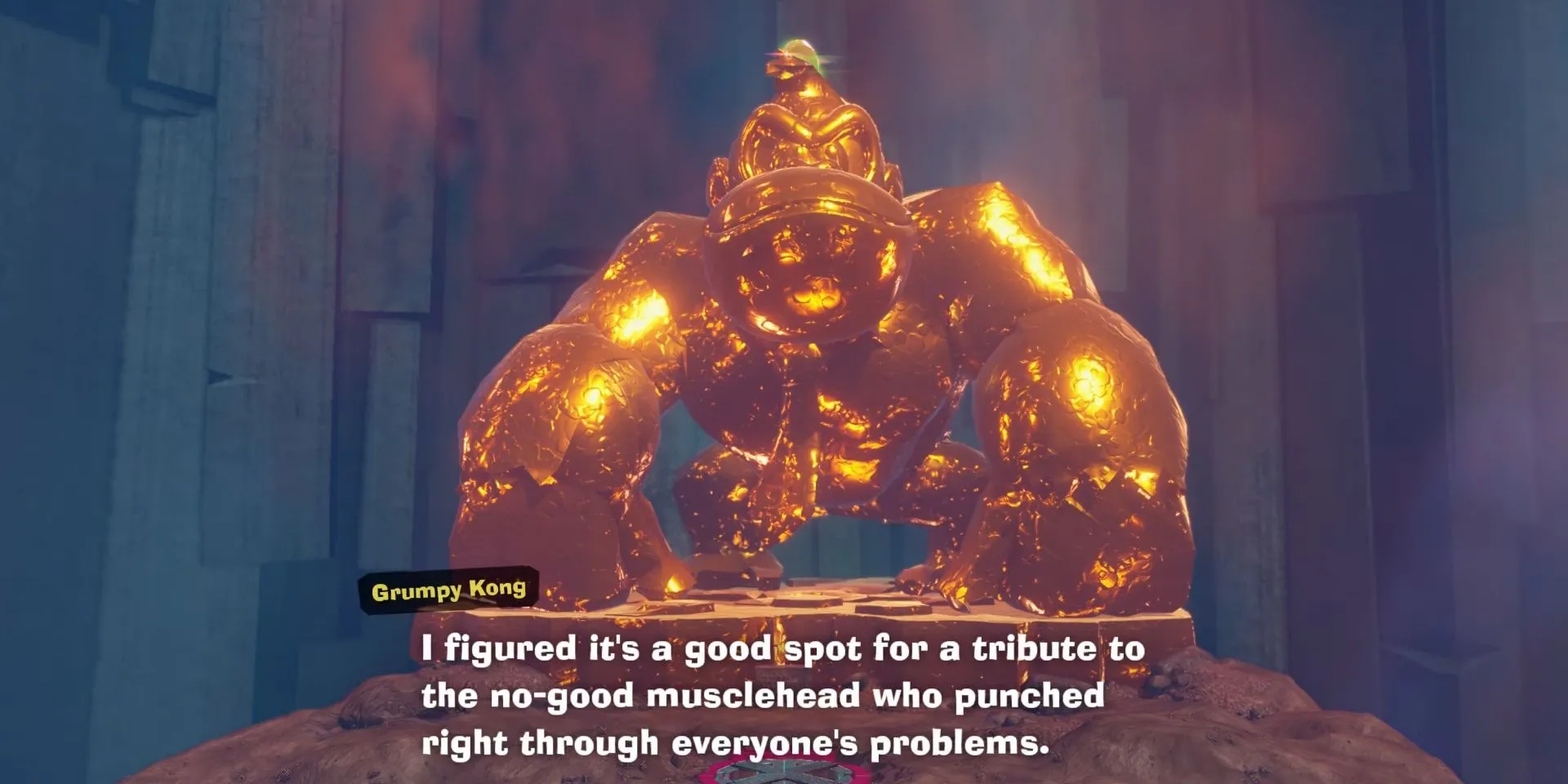 Tượng vàng Elder Kong trong Donkey Kong Bananza sau khi hoàn thành dự án