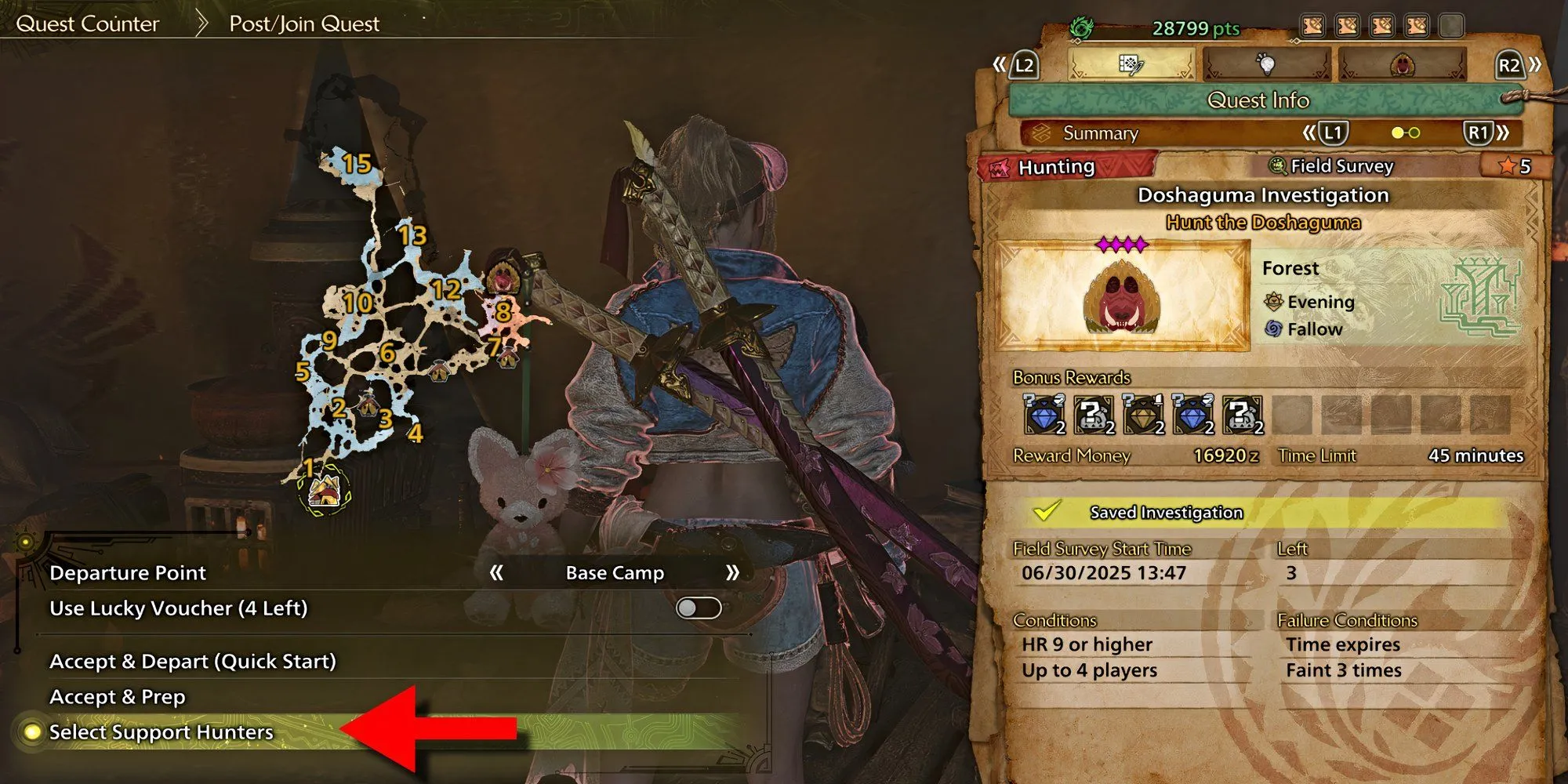 Tùy chọn chọn cụ thể Support Hunters trước khi bắt đầu nhiệm vụ trong Monster Hunter Wilds