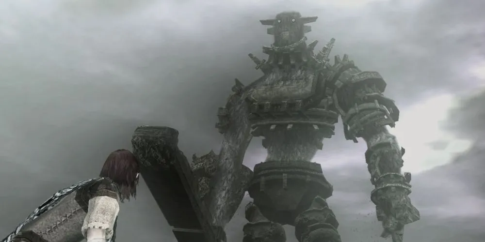 Wander chiến đấu với Colossus thứ ba trên phiên bản PS2 của Shadow of the Colossus