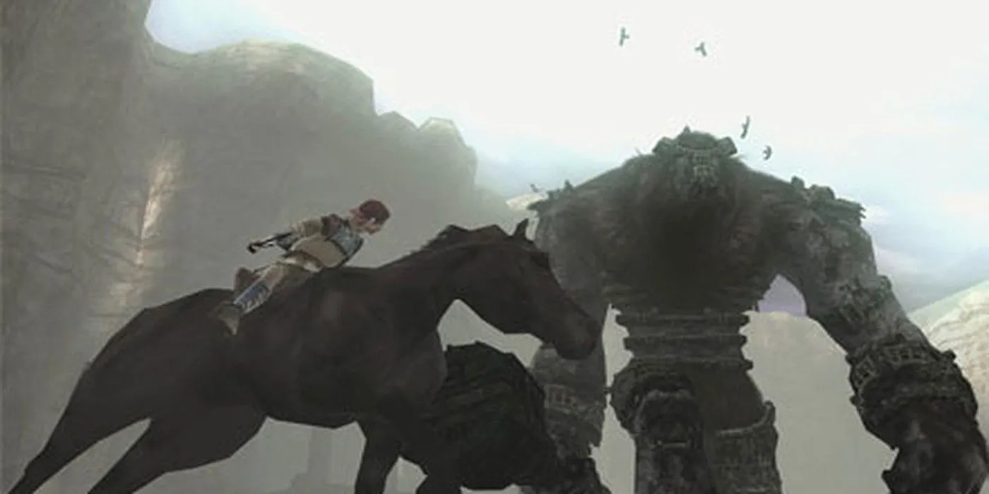 Wander cưỡi ngựa Agro tiếp cận một Colossus khổng lồ trong Shadow of the Colossus